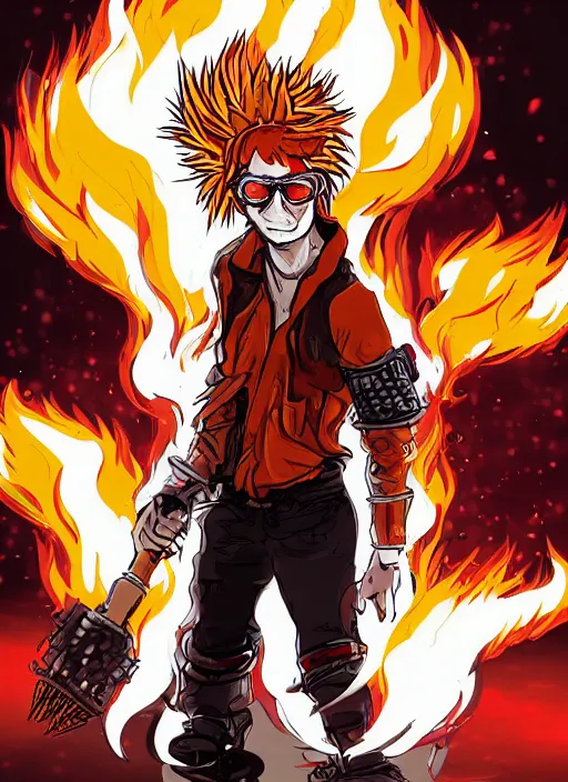 Image similar to An Artstation drawing style of young man with red spiked long hair, using an orange lens steampunk googles. Wearing white shirt, a black waistcoat, brown pants and black boots. He is throwing a wild fire blast from his hands, with a vicious smile in face. He is in a scorched land with a blue sky.