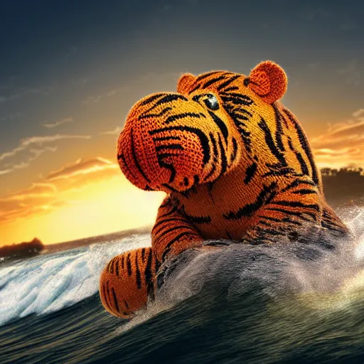 Image similar to a closeup photorealistic photograph of a cute smiling knitted tiger hippopotamus riding a large wave at sunset. surf in background. professional capture. brightly lit scene. this 4 k hd image is trending on artstation, featured on behance, well - rendered, extra crisp, features intricate detail, epic composition and the style of unreal engine.