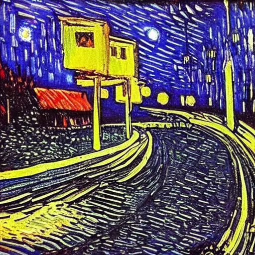 Prompt: light pole at night. nostalgic. bike. empty road. van gogh style. dark colors. high contarst light