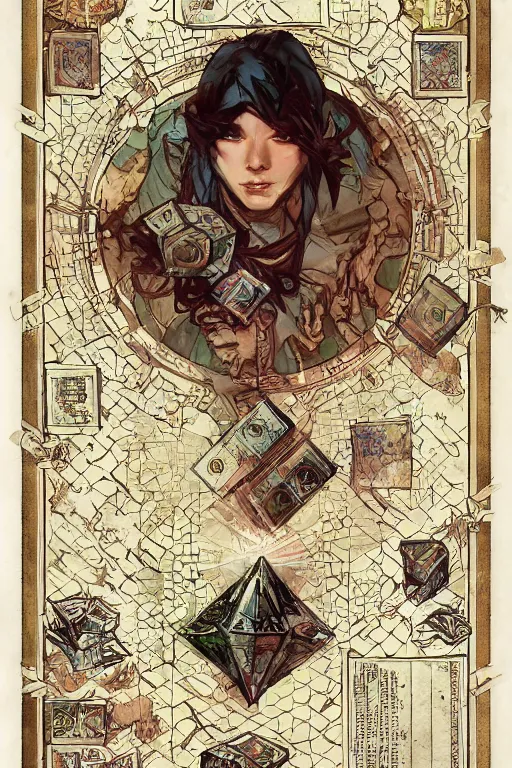 Image similar to dungeon master throwing dice on grid paper spell scroll art by artgerm and greg rutkowski and Alphonse Mucha and Craig Mullins, James Jean, Andrey Ryabovichev, Mark Simonetti and Peter Morbacher 16k