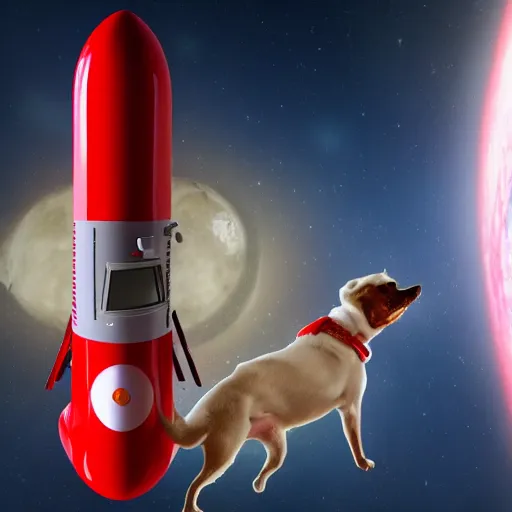 Prompt: overview of a red rocket with a evil dog in space