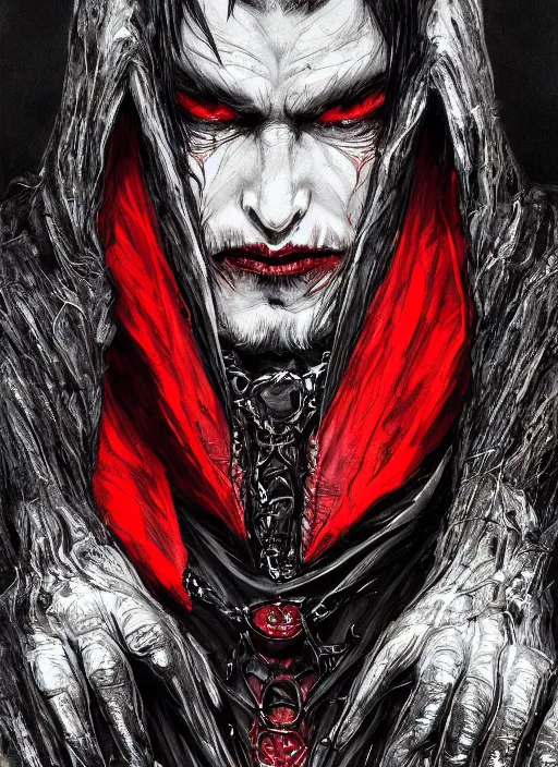 Image similar to close up portrait of a vampire in a dark cloak, black and red color, powerful, domineering, stoic, masterful, intense, ultrafine hyperdetailed illustration by kim jung gi, irakli nadar, intricate linework, sharp focus, octopath traveler, yoji shinkawa, highly rendered, detailed, concept art