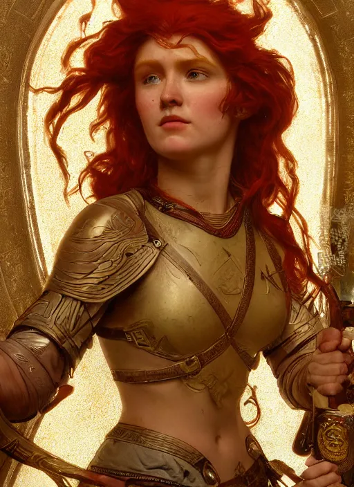 Prompt: face matte portrait of a beautiful red haired valkyrie in a heroic pose and wearing thick bronze plate armo art by albert bierstadt, alphonse mucha, andreas rocha, greg rutkowski, sharp edges. ultra clear detailed. 8 k. elegant. octane render