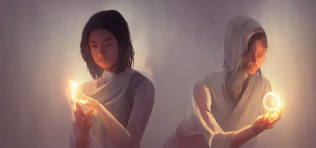 Prompt: Young Himalayan woman concerned in an empty room using psychic powers to make a lighter float| night time scene, plain walls |somber white eyes, long messy hair | gentle lighting, futuristic, dim lighting, digital art by Makoto Shinkai ilya kuvshinov and Wojtek Fus, digital art, concept art,