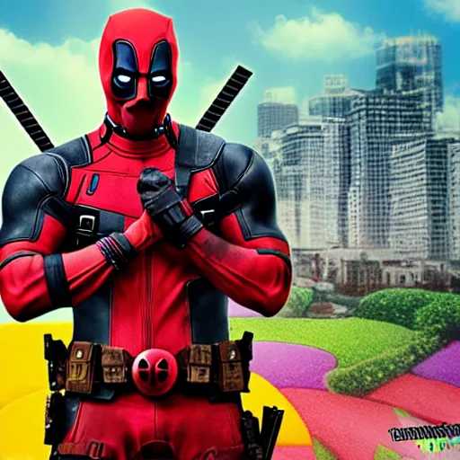 Image similar to deadpool stands in candyland, buildings, 8 k photography, detailed