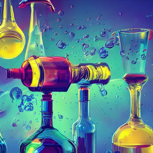 Image similar to alcohol under the microscope, Bright colors, hyperrealism, no blur, 4k resolution, ultra detailed, style of Anton Fadeev, Ivan Shishkin, John Berkey