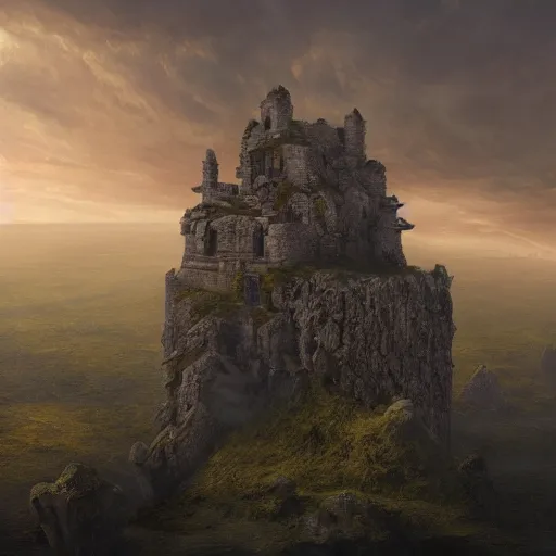 Image similar to aerial view of a stone fort sitting above a swamp in the sunset, dramatic lighting by alan lee by peter mohrbacher, trending on artstation sharp focus vfx key shot