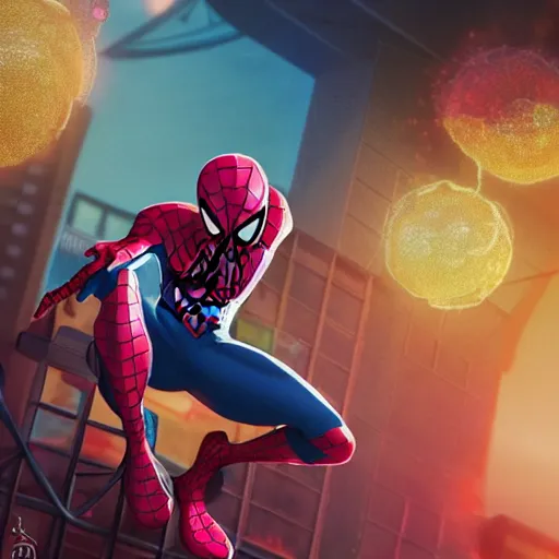 Prompt: spiderman with pink suit and yellow glowing eyes, and alien ears, anime cinema photorealistic beautiful cinematic world of chrono trigger in the style of studio ghibli. hyperdetailed photorealism, 1 0 8 megapixels, amazing depth, glowing rich colors, powerful imagery, psychedelic overtones, 3 d finalrender, 3 d shading, cinematic lighting, artstation concept art