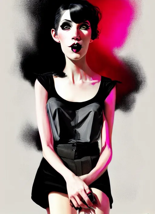 Prompt: portrait of a fun young woman with a crooked nose and a confident expression, 1 9 6 0 s, black clothes, goth, punk, brightly coloured hair, funk, intricate, elegant, highly detailed, digital painting, artstation, concept art, smooth, sharp focus, illustration, art by wlop, mars ravelo and greg rutkowski