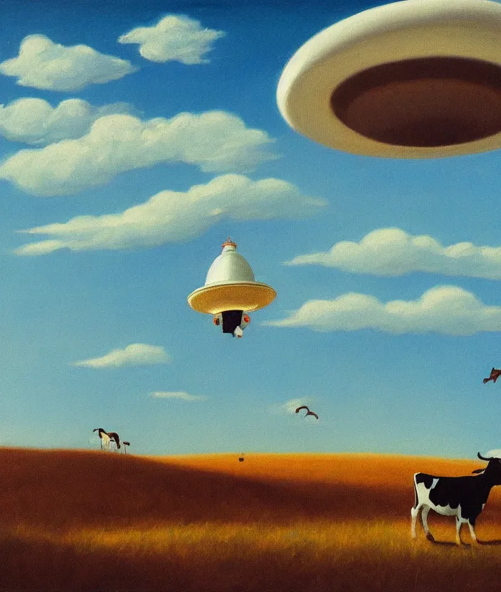 Image similar to a highly detailed painting of a stylized cartoon ufo beaming up a cow on a meadow, ufo has green light beam, very fine brush strokes, baby blue sky with aesthetic clouds, in the style of edward hopper, 4 k,