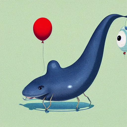 Image similar to blue whale with cute big eyes attached to colorfull balloons, artwork by goro fujita,