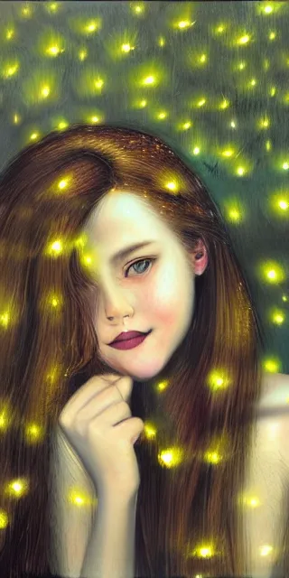 Image similar to infp young woman, smiling, amazed by golden fireflies lights, sitting in the midst of nature fully covered, long loose red hair, intricate linework, green eyes, small nose with freckles, oval shape face, realistic, expressive emotions, dramatic lights, spiritual scene, hyper realistic ultrafine art by cecco del caravaggio and albert bierstadt and artgerm