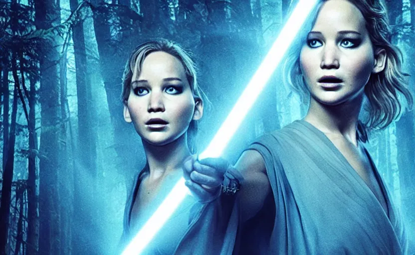 Prompt: jennifer lawrence as a jedi with a blue lightsaber in an ancient bioluminescent forest, new star wars movie poster from lucas arts, perfect symmetrical face, full moon, moody lighting, 8 k, shallow depth of field, intricate detail,