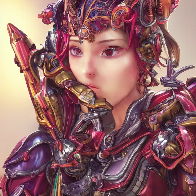 Image similar to studio portrait of lawful good colorful female holy mech paladin as absurdly beautiful, elegant, young sensual anime girl, ultrafine hyperrealistic detailed face illustration by kim jung gi, irakli nadar, intricate linework, sharp focus, bright colors, matte, octopath traveler, final fantasy, unreal engine highly rendered, global illumination, radiant light, intricate environment