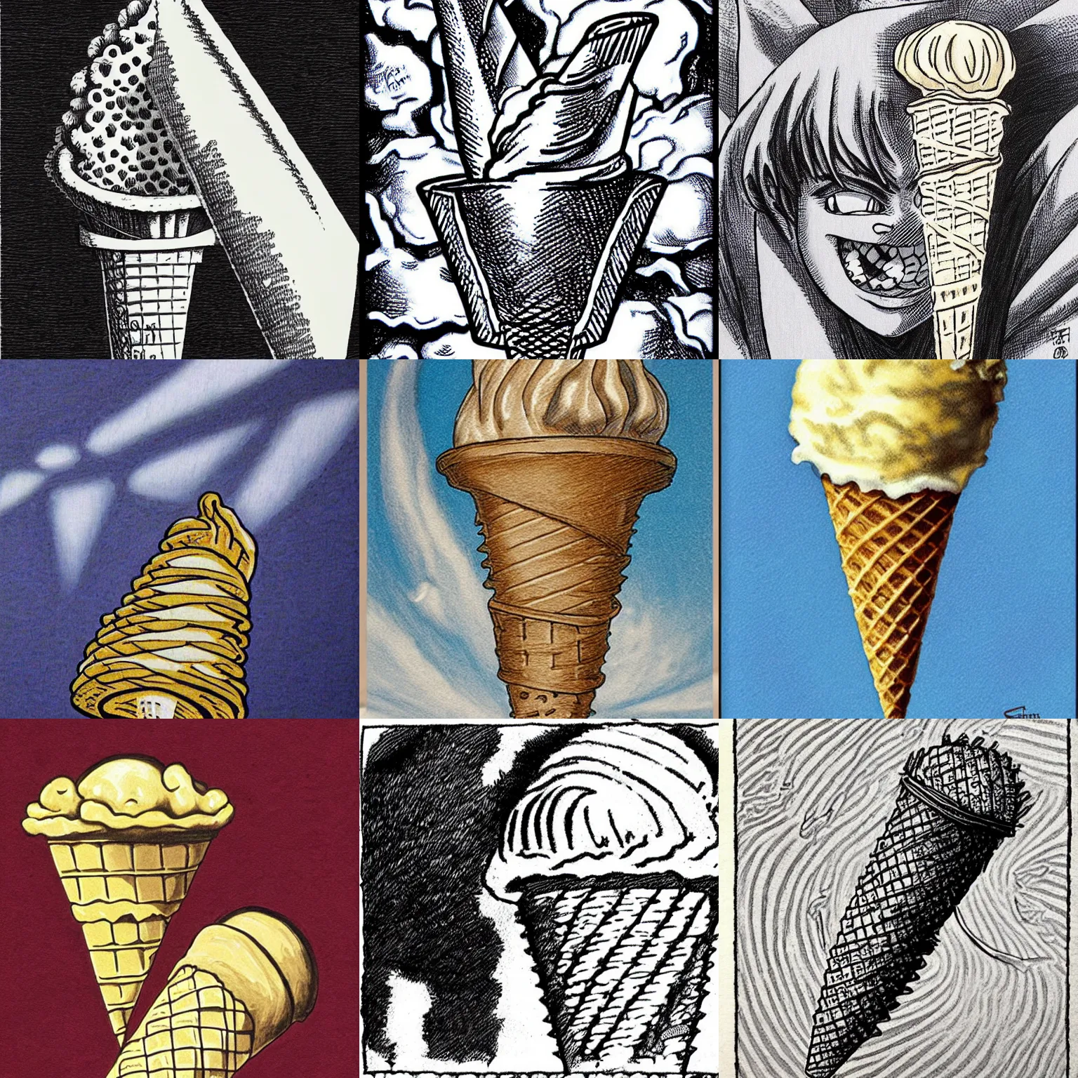 Prompt: ice cream cone, Kentaro Miura art