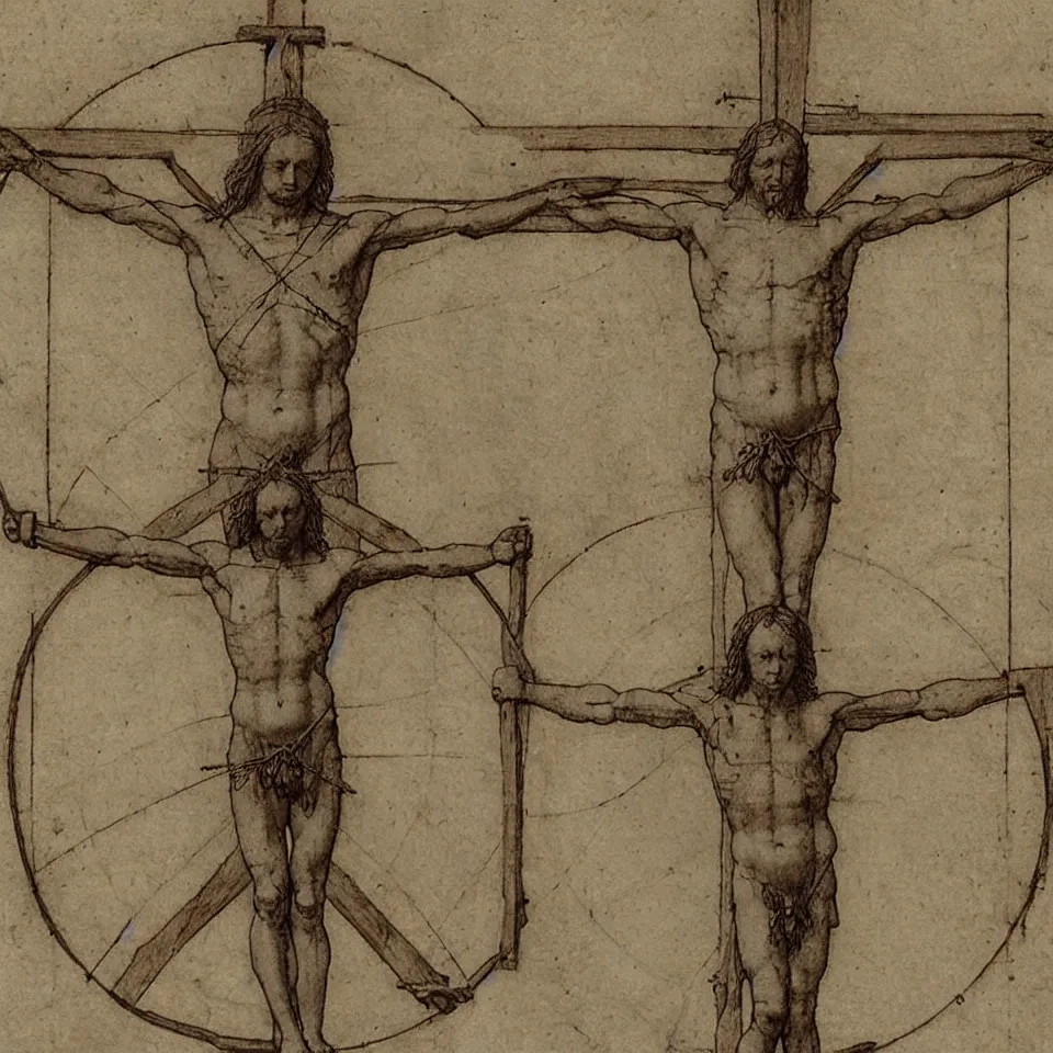 Image similar to Leonardo da Vinci's Vitruvian Man crucified on a cross, full body