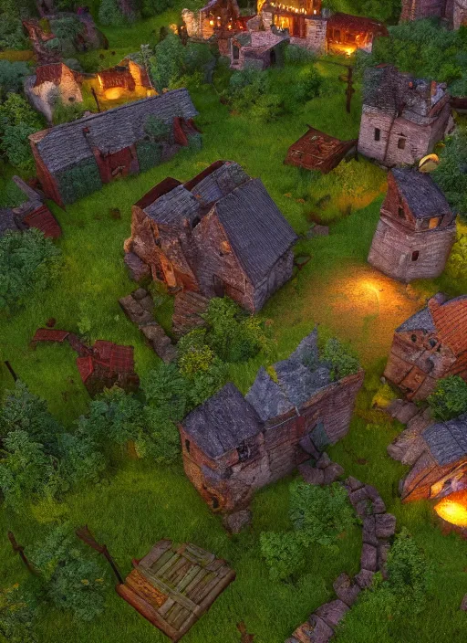 Image similar to subsurface scattering, medieval village in the middle of lush forest, as render from top mobile game, cinematic lighting, 8 k