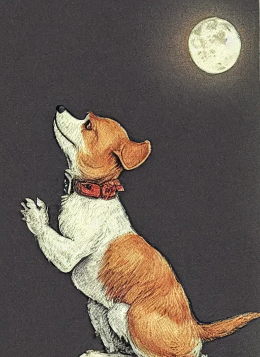 Image similar to jack russel dog howling at the moon, illustrated by peggy fortnum and beatrix potter and sir john tenniel