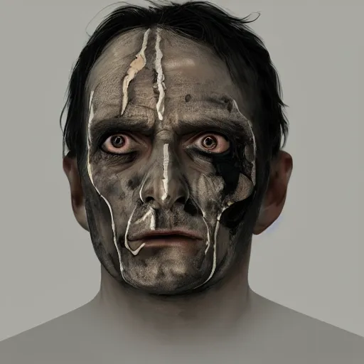 Image similar to a man with a burnt face in a grey cloak poses for a portrait, a character portrait by david firth, cgsociety contest winner, photorealism, studio portrait, studio photography, uhd image