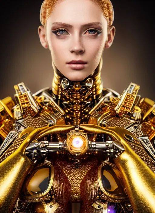 Image similar to a stunning young female cyborg made of gold, gemstones, diamonds, by pre - raphaelite brotherhood, unreal engine, glamor shot, nikon d 7 5 0, closeup, f / 2. 8, low contrast, 1 6 k, rim lighting, optical fiber, cinematic lighting, insanely detailed and intricate, hypermaximalist, elegant, ornate, hyper realistic,