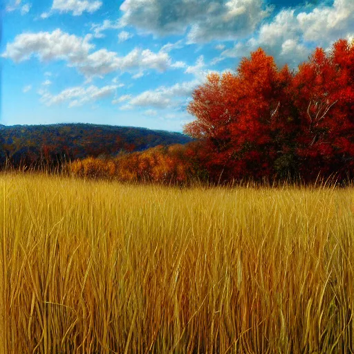 Prompt: calming breeze in the tall grass in an open countryside appalachian mountains field crisp cool day warm sunshine, autumn crisp cool day nostalgia hyperrealism photo - realistic by james gurney artstation hyperrealism