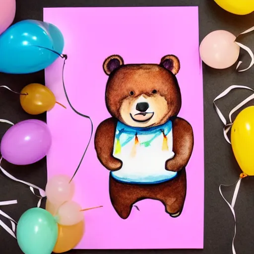 Image similar to watercolor cute animated bear holding birthday balloons