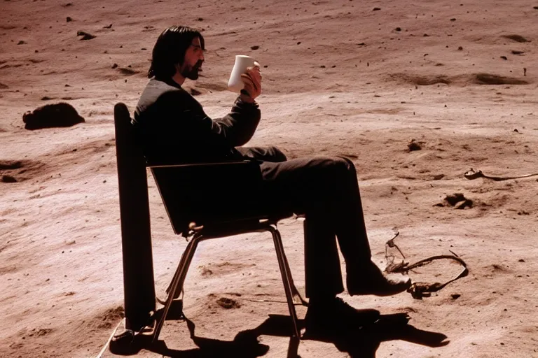 Image similar to Keanu Reeves sitting on a chair and drinking tea and watching the earth on the moon, 4k