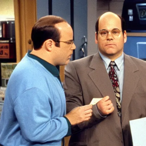 Prompt: George Costanza on Seinfeld selling a big bag of weed, smoking a joint