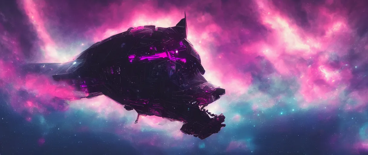 Image similar to space, hyperdetailed illustration, portrait big dark dog, mohawk, stars, pink, neon, oil painting, rich deep colors masterpiece, pirate neon ship, ultra detailed, contrast, heaven pink, clouds, volumetric light, atmospheric lighting, dramatic, cinematic, moody, octane render 4 k, 8 k