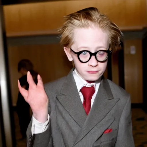 Prompt: Macaulay Culkin in a suit, standing in a hotel lobby, Wes Anderson style