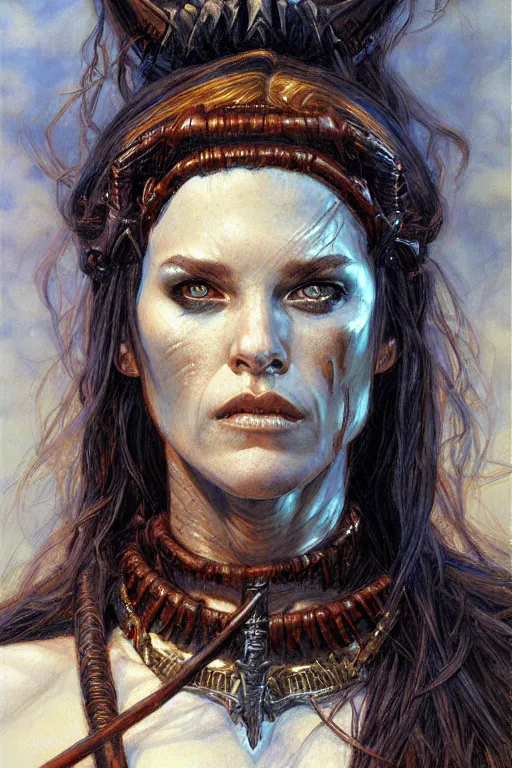 Prompt: head and shoulders portrait of a barbarian, female, high fantasy, by donato giancola