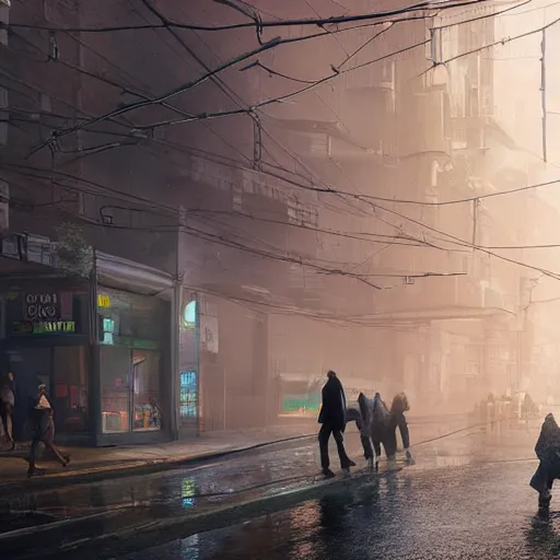 Prompt: realistic photograph of walking around cyberpunt street, volumetric lighting, rain, god's ray, soviet, detailed characters, summer, dark overcast weather, high detailed, smooth, mark arian, award winning, highly detailed 4 k art by beeple and fvckrender and visualdon, trending on cgsociety