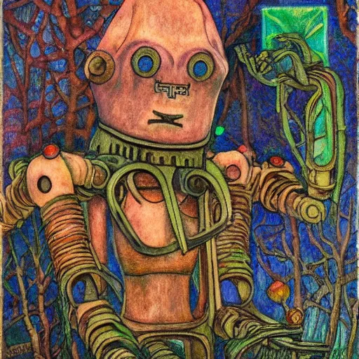 Image similar to robot seizes the forest throne, by Annie Swynnerton and Diego Rivera, symbolist, dramatic lighting, elaborate geometric ornament, tattoos, Art Brut, soft cool colors,smooth, sharp focus, extremely detailed