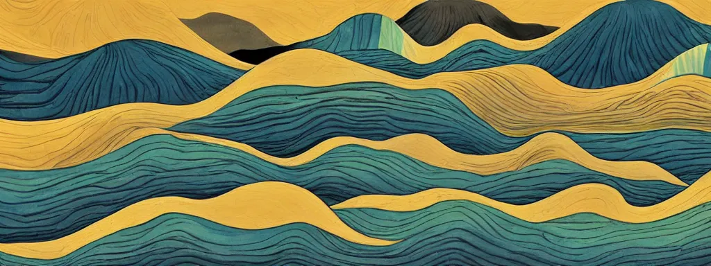 Prompt: An insane, modernist landscape painting. Wild energy patterns rippling in all directions. Curves, organic, zig-zags. Mountains, clouds. Rushing water.