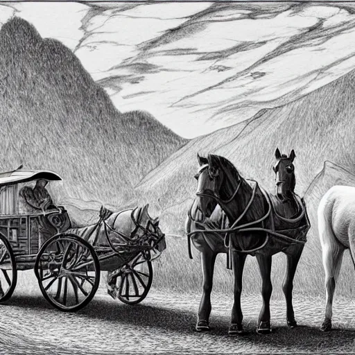 Image similar to a man in old fashioned clothes waits by the side of the road with his suitcase, looking at a coach with 4 horses is in front of him, night time in the mountains highly detailed in the style of edward gorey, artgerm, 8 k resulution - c 5