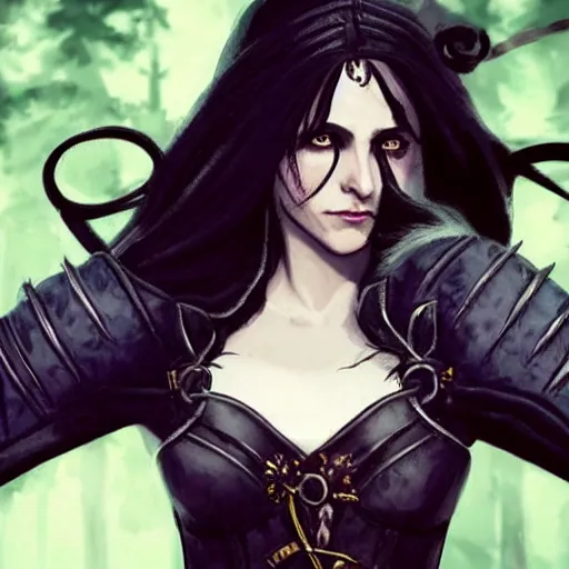 Image similar to yennefer as a medieval fantasy tolkien elf, dark purplish hair tucked behind ears, wearing leather with a fur lined collar, wide, muscular build, scar across the nose, cinematic, character art, real life, 8 k, detailed.