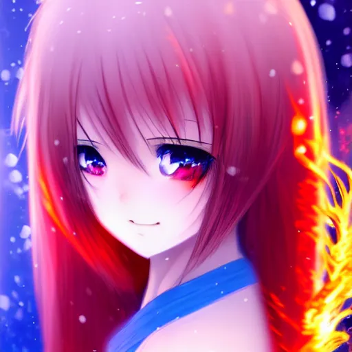 Prompt: advanced digital anime art, a very cute gorgeous teenage girl with a body made of fire and ice , full body, very long snow colored hair, sky blue highlights in hair, red fiery watery eyes, full round face, dramatic cinematic lighting, wideshot, highly intricately detailed, trending on pixiv, Artstation,