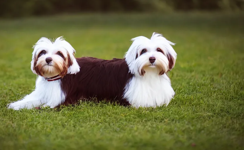 Prompt: a cute white and brown havanese dog sitting down on a grassy field