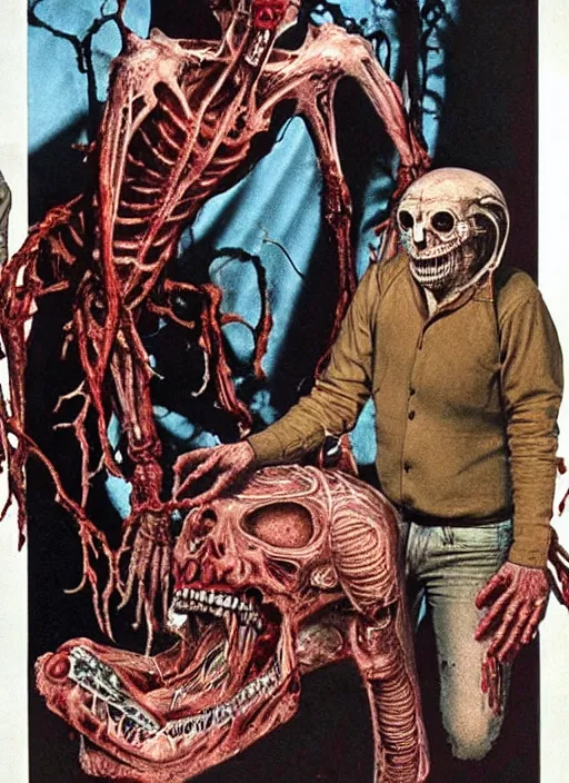 Prompt: horror practical fx of an a dismembered a teratoma with crooked teeth realizing that he is a sentient being in the middle of a room by dario argento and david cronenberg 1 9 7 0 creepshow