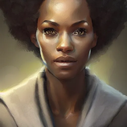 Prompt: Portrait of a woman by Greg Rutkowski, she is about 30 years old, mulato, afro hair, attractive and beautiful, wifey material, she is wearing a futuristic lawyer outfit, highly detailed portrait, scifi, digital painting, artstation, concept art, smooth, sharp foccus ilustration, Artstation HQ