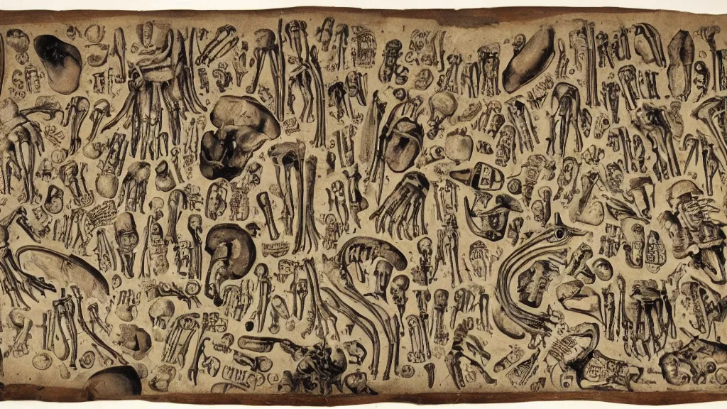 Prompt: 17th century scroll with illustrations of human bones!!! descriptions! written in an alien! language!, clean layout