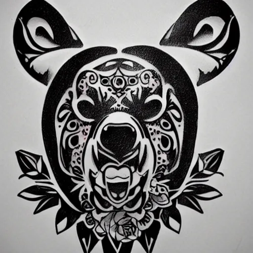 Image similar to concept tattoo design, stencil, bear, wreath surrounding bear