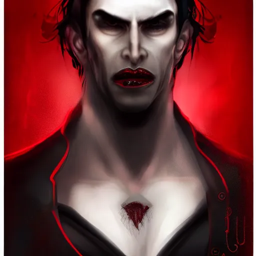 Image similar to a vampire, male, mid - 4 0 s aged, long, slicked black hair, clean shaven, in red and black, regal, high fantasy, realistic, highly detailed, full body shot, concept art, 8 k.