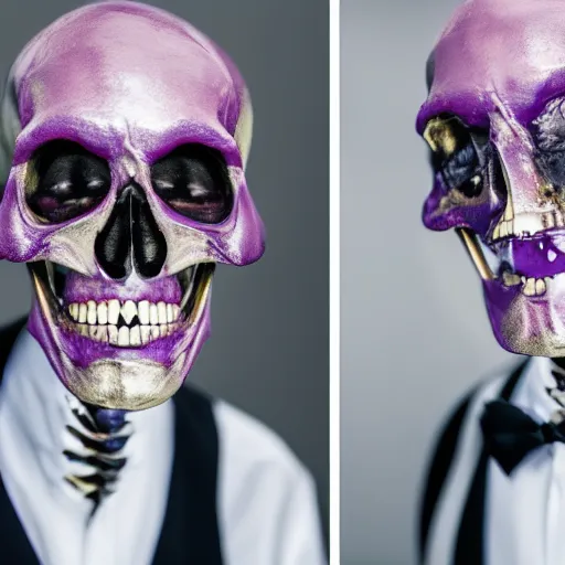 Image similar to a detailed professional portrait of a fancy skeleton with expressive features and metallic teeth, metal teeth, professional photography, longshot, full portrait, skeleton in a suit, purple glowing eyes