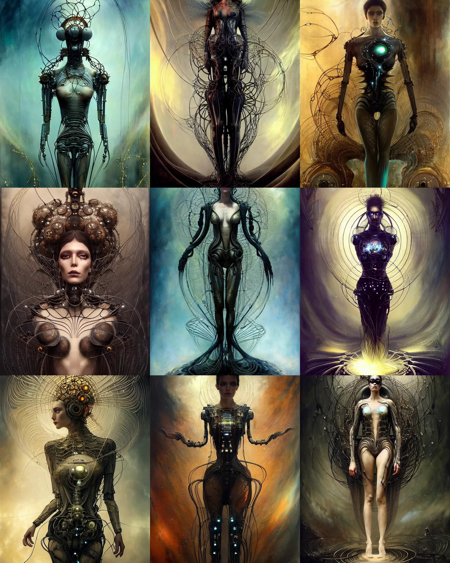 Prompt: karol bak and tom bagshaw and bastien lecouffe - deharme full body character portrait of the borg queen of sentient parasitic flowing ai, floating in a powerful zen state, supermodel, beautiful and ominous, wearing combination of mecha and bodysuit made of wires and fractal ceramic, machinery enveloping nature in the background, scifi character render