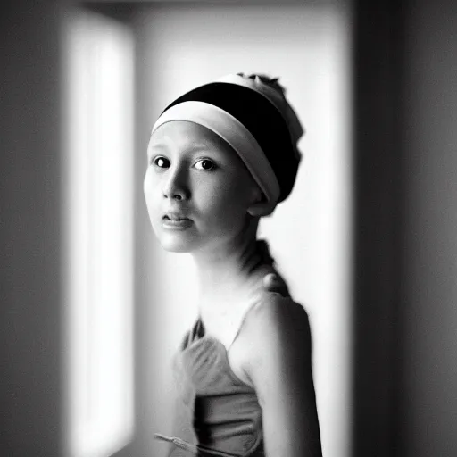 Prompt: girl with the pearl earring, portrait studio, taken with canon eos, f 1. 4, soft diffused light, iso 2 0 0,