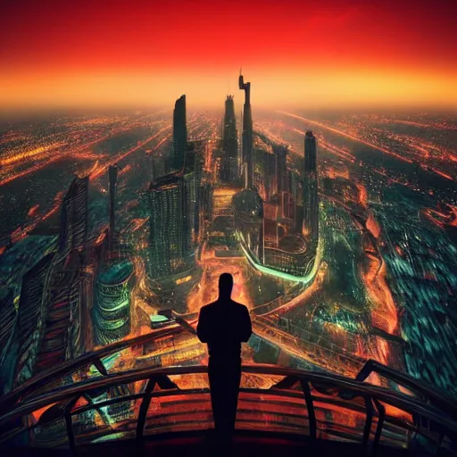 Image similar to closeup of a man [ standing on the pinnacle of the burj khalifa ]!!, holding a camera, viewing out into a [ futuristic cityscape ]!!, dusk atmosphere, digital art illustrated by max hay and greg rutkowski, [ 8 0 s neon art style ]!!, neon wallpaper!!, golden ratio!!, centered!!