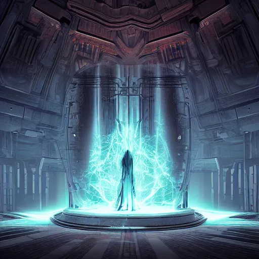 Image similar to the mind throne within the simulation chamber, digital art, highly detailed, epic composition, cinematic lighting