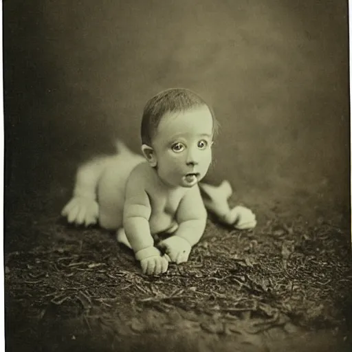 Image similar to victorian photograph of a baby dragon, highly realistic, scaly, grainy photo, blurry, creature, faded, 1 9 0 0, 1 8 8 0 s