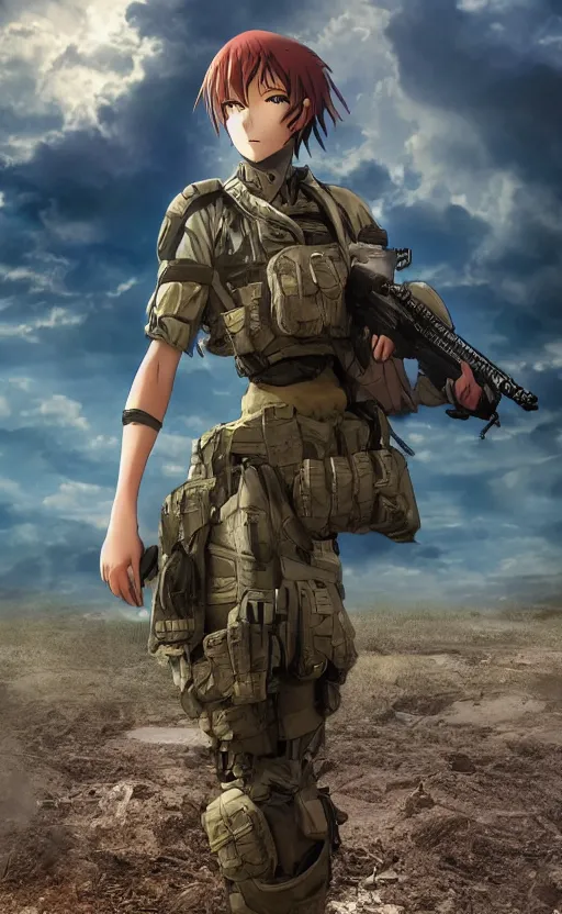 Prompt: girl, trading card front, future soldier clothing, future combat gear, realistic anatomy, war photo, professional, by ufotable anime studio, green screen, volumetric lights, stunning, dirt and ashes, metal hard surfaces, generate realistic face, only blue sky in the back